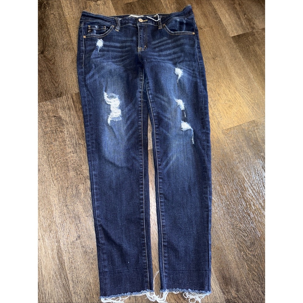 Kancan Womens Dark Wash Distressed Denim Button Fly Blue Jeans Size 11/29